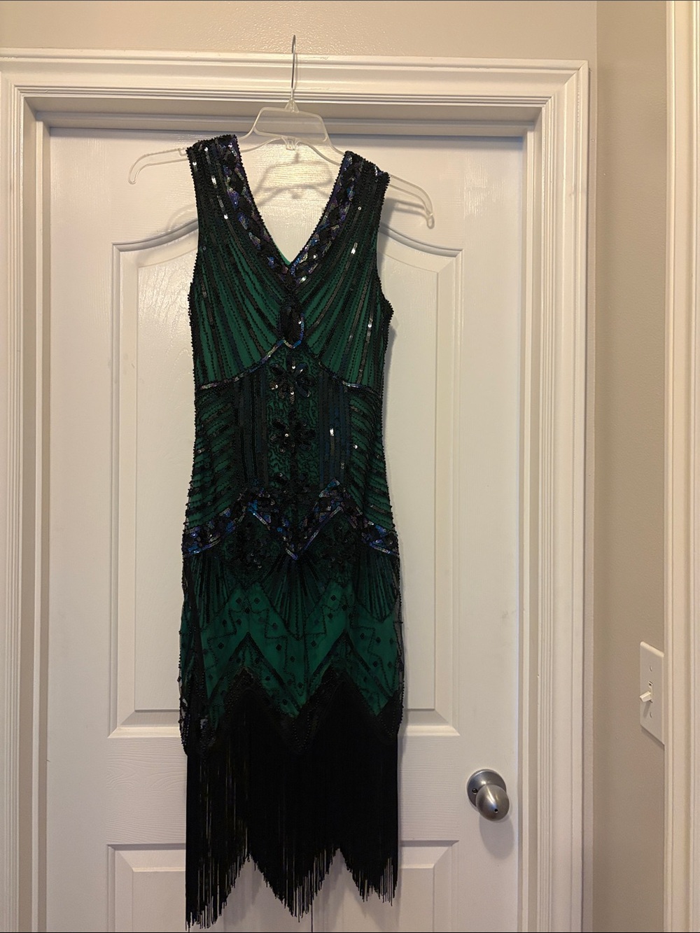 Green Beaded Fringe V-Neck Cocktail Dress